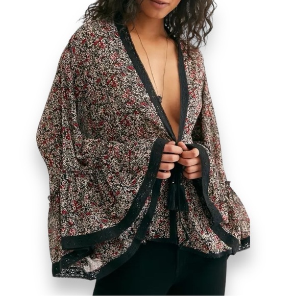 Free People Lola Kimono Black Floral Tie Front Ruffle Bell Sleeve Semi Sheer - Picture 14 of 14